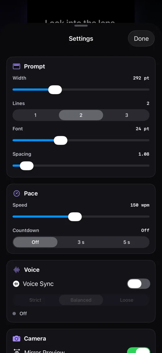 iPhone prompt settings for panel size, font, pace and recording.